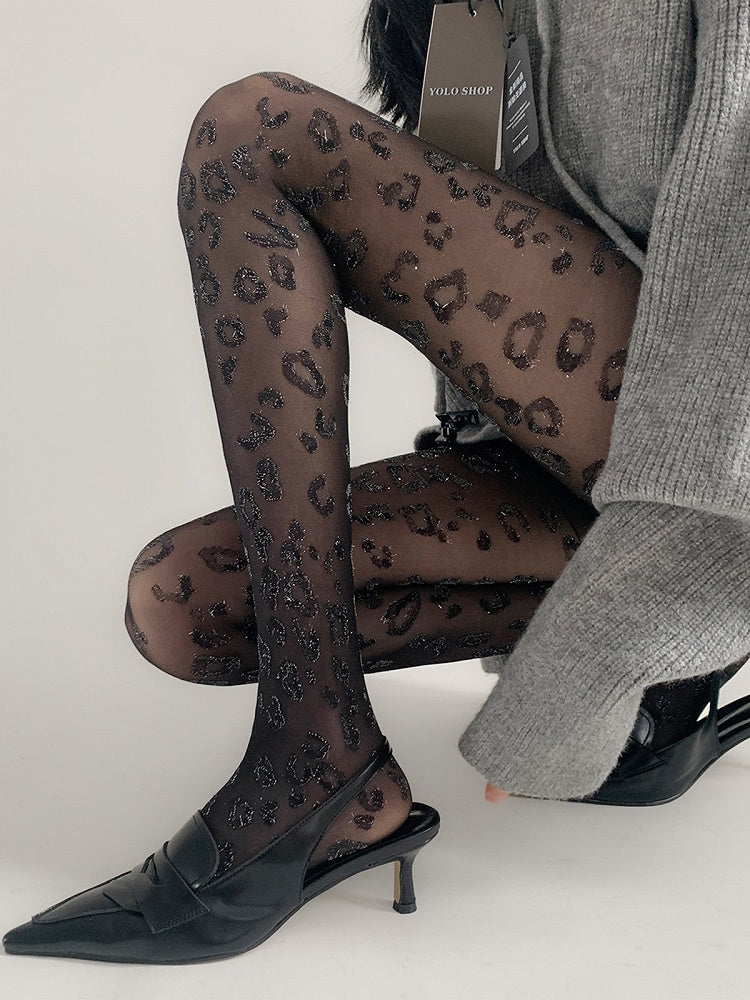 Pantyhose Leopard Retro Print Sheer Glitter