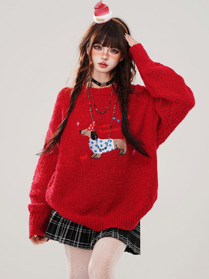 Christmas Red Cute Dachshund Round Neck Loose Sweater