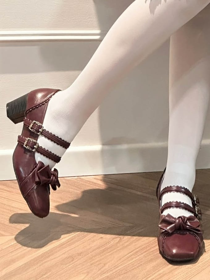 Red Wine Sweet Lolita Shoes at Bow Top