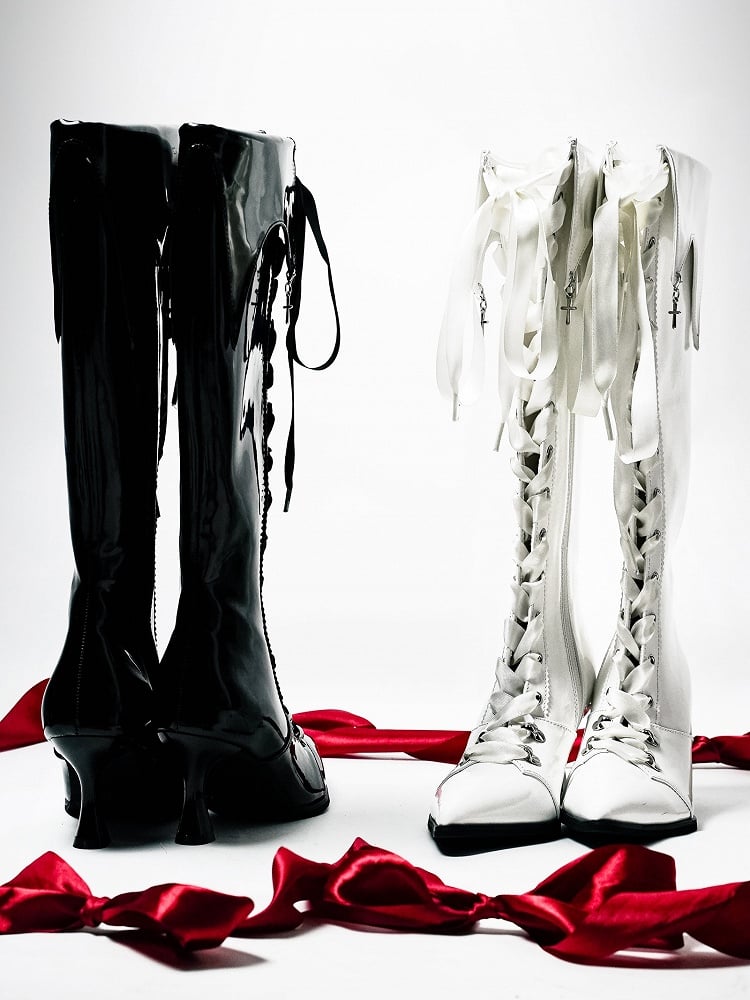 Cross Polished Design Gothic - Fold-Over Boots with Black Detachable Pointed Toe Cuff Charm Knee-High