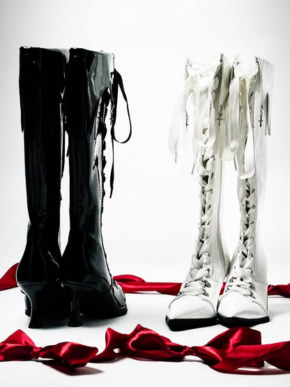 High-heel Gothic Polished Knee-Length Fold-Down - Collar White Boots