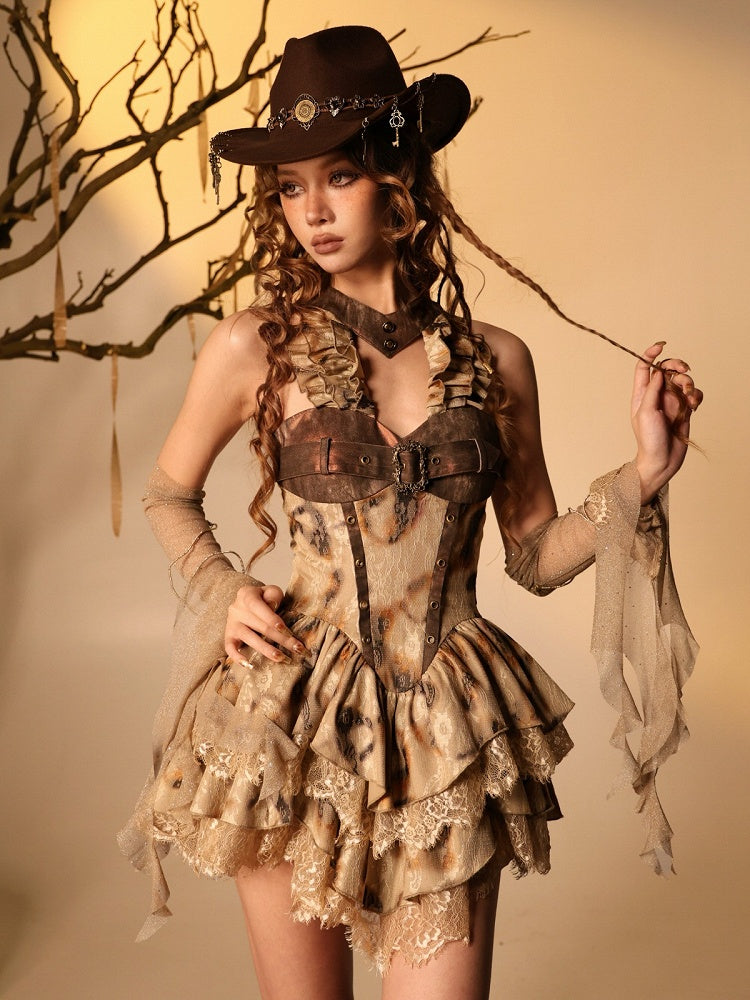 Burn-Effect Halter Dress with Tiered Ruffles and Distressed Lace - Virtual Orbit