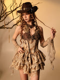 Halter Tiered Ruffle Dress with Burn-Effect Lace - Virtual Orbit