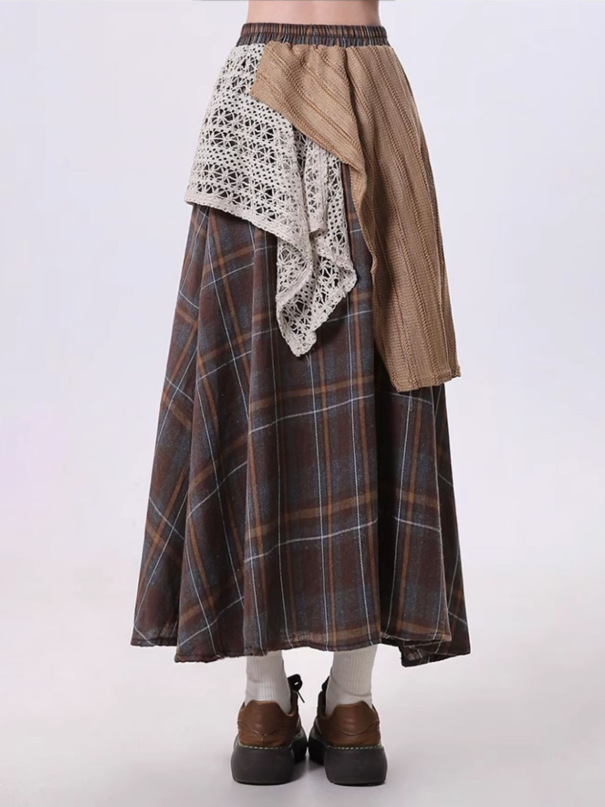 Design Skirt Coffee Maxi Patchwork with Kei Mori Plaid Asymmetrical