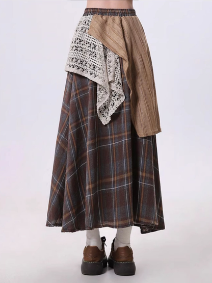 Design Skirt Coffee Maxi Patchwork with Kei Mori Plaid Asymmetrical