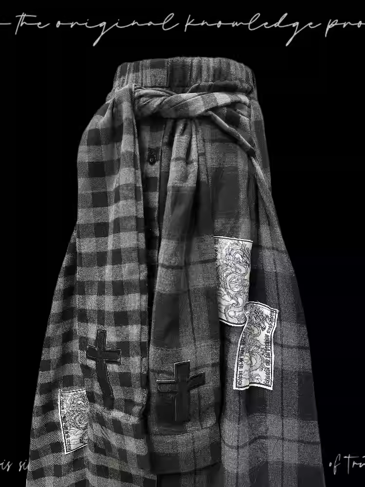 Faux Punk Plaid Rock Dunkelgrau Kreuz und Drachen Applikationen Wasteland Zweiteiler