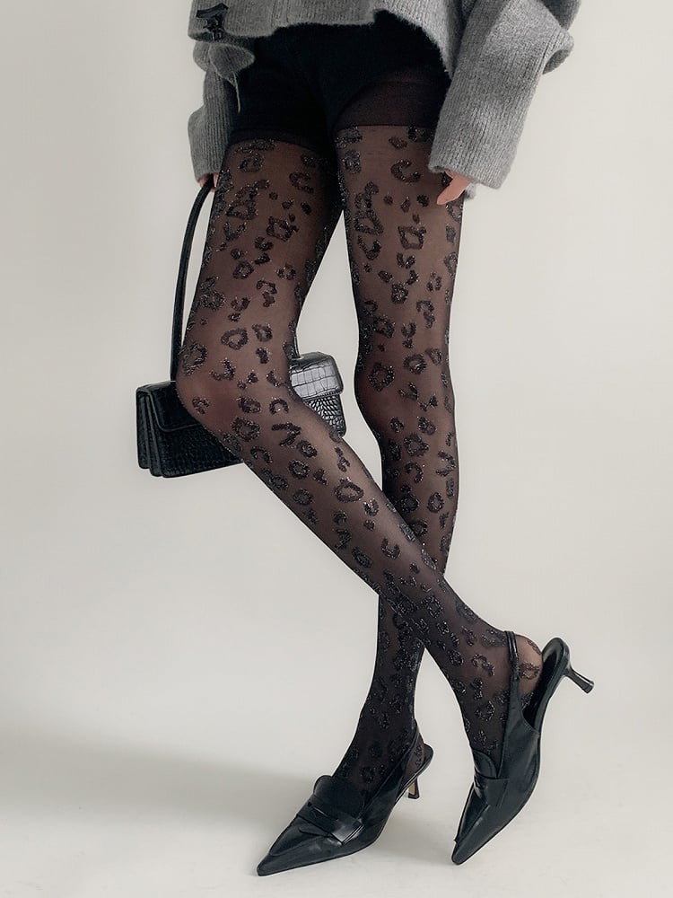 Pantyhose Leopard Retro Print Sheer Glitter