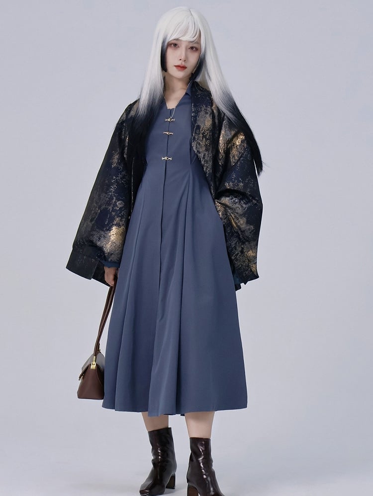 Dusty Collar Point Blue Chinese with Dress in Shirt Flat Style