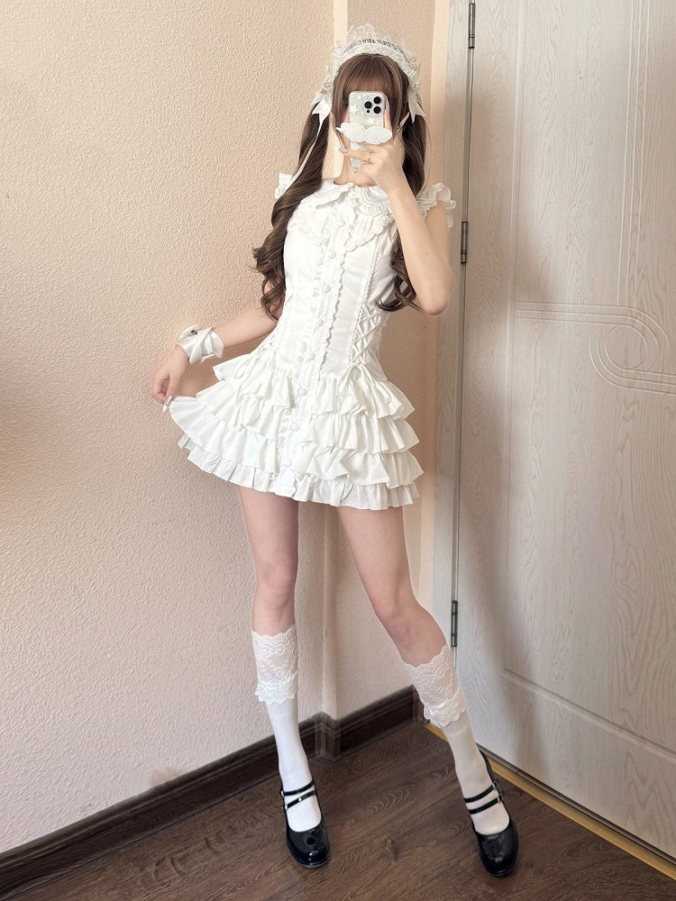 Sweet Kawaii White Peter Pan Collar Flutter Sleeves Tiered Dress - Jasmine White Original Design