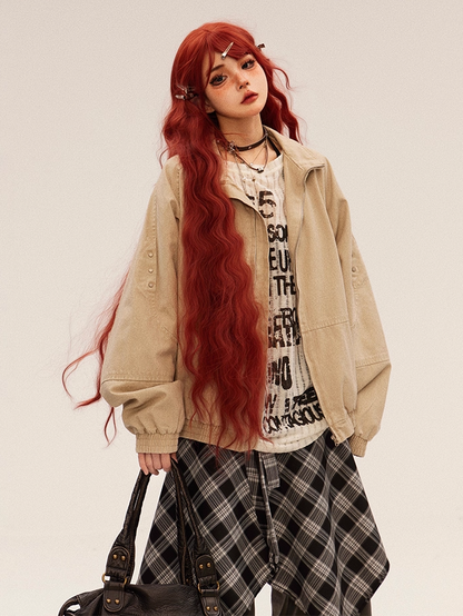 デザイン バンドカラー フェードウォッシュ ダメージ加工 ブルー/アプリコット ジャケット 秋 ジップアップ