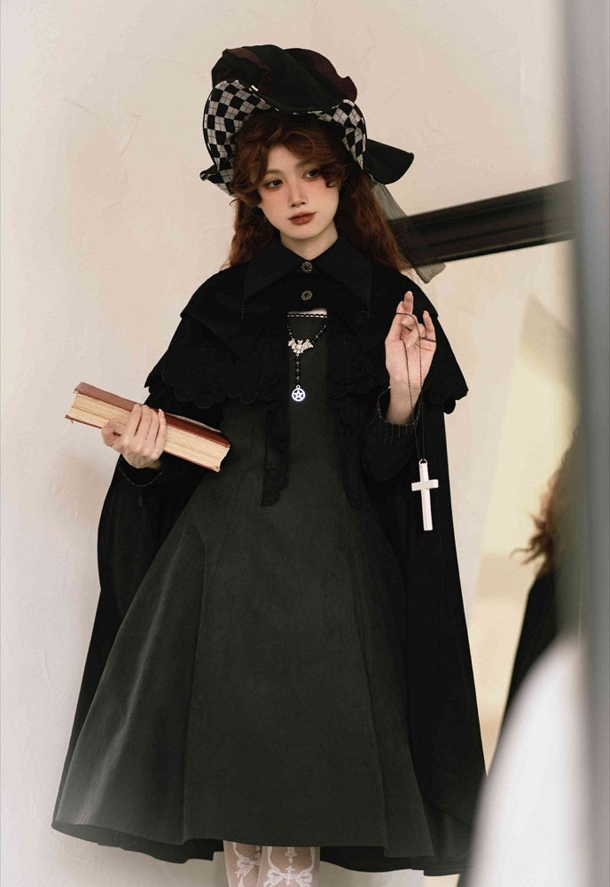 Black Gothic Witch Cloak with Roses & Cross Embroidery - With PUJI