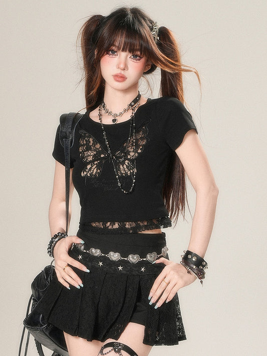 Spitzen-T-Shirt Butterfly Beige/Schwarz Glamorous Bittersweet