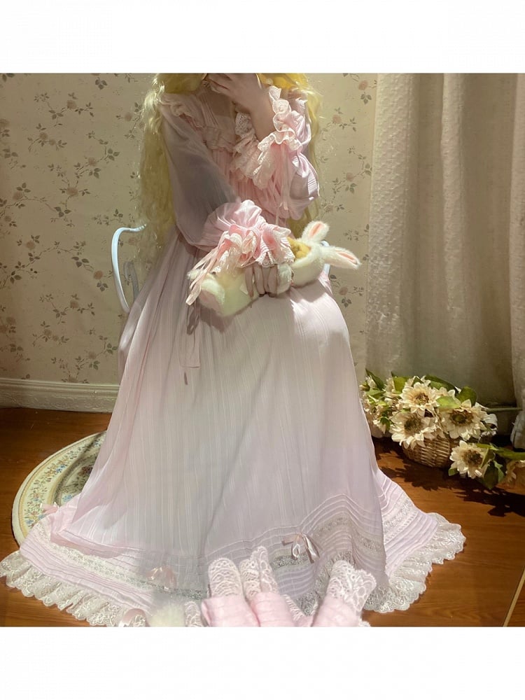 Lace Trim Long Sleeve OP Dress with Ruffles, Pink Lolita Style - Hua Xia Miao