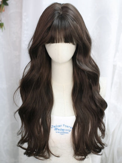 Braune, 65 cm lange, hüftlange, gewellte Perücke mit Pony