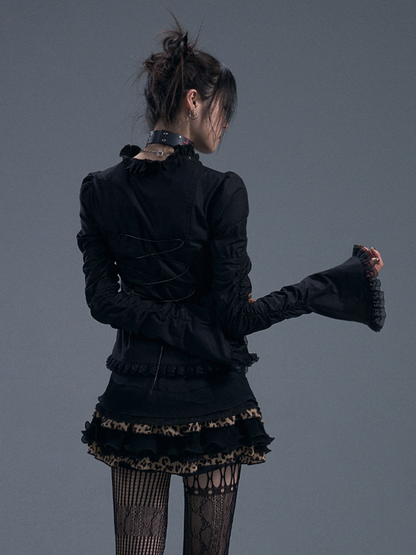 Schwarzes Gothic-Vintage-Top mit Spitzenbesatz und Reißverschluss