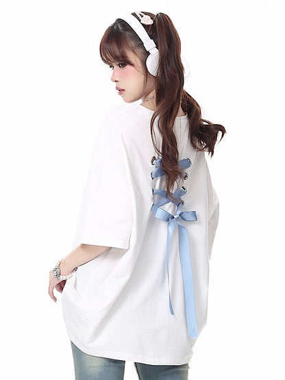 Details Multi-Color Print T-shirt Lacing White Back with Ribbons Bow
