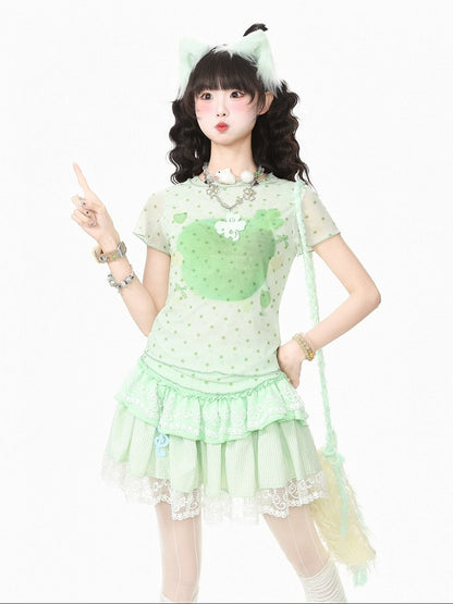 Green Double Layer Mesh Tee with Star Apple Print - Languid Park