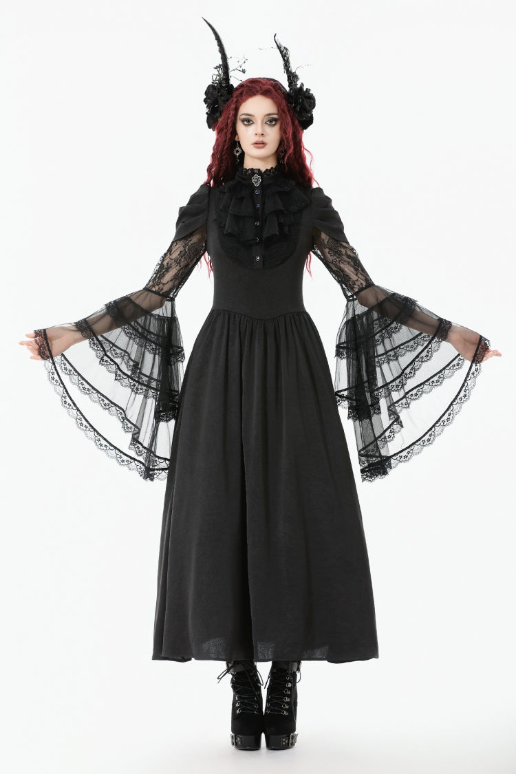 Black Stand Collar Trumpet Sleeve Lace Wedding Gothic Dress