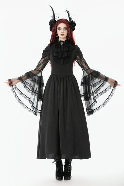 Black Stand Collar Trumpet Sleeve Lace Wedding Gothic Dress