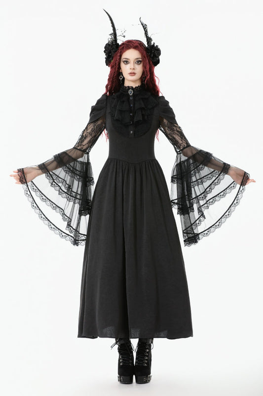 Black Stand Collar Trumpet Sleeve Lace Wedding Gothic Dress