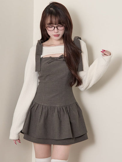 Striped + - Kei Shrug Dress Set Cropped Gray Two-Piece White Light Jirai Bow