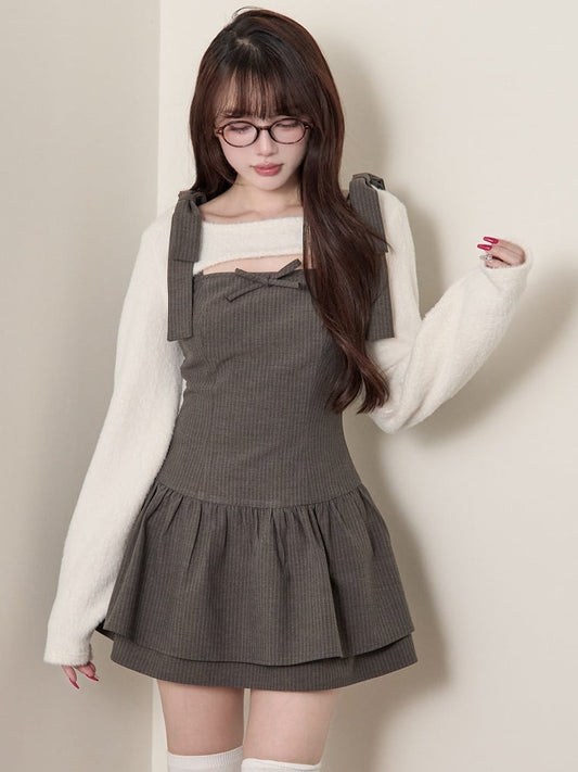 Striped + - Kei Shrug Dress Set Cropped Gray Two-Piece White Light Jirai Bow