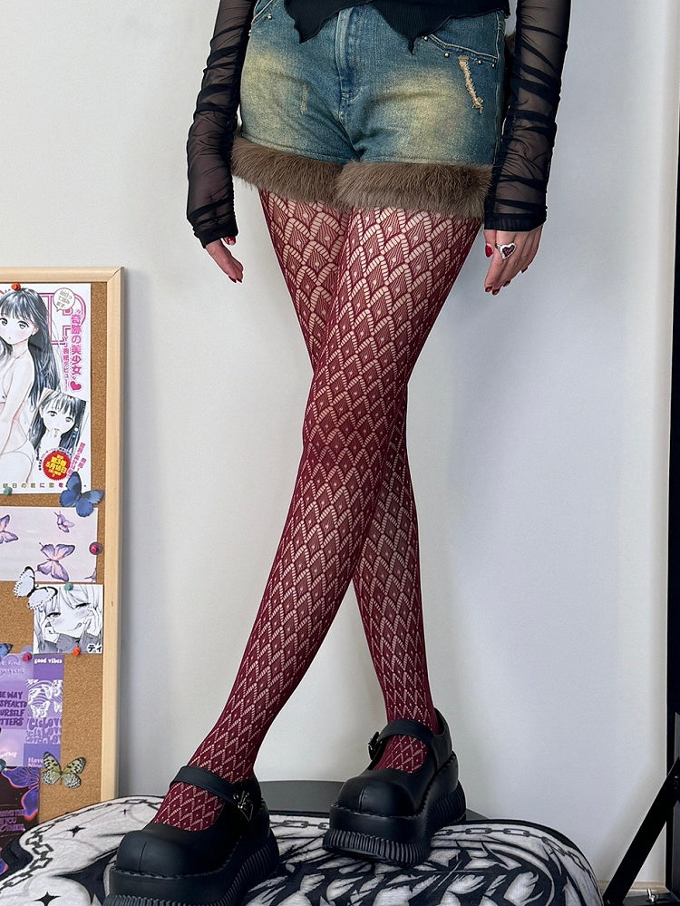Y2K Red Pattern Diamond Cut-out Tights Wine Design