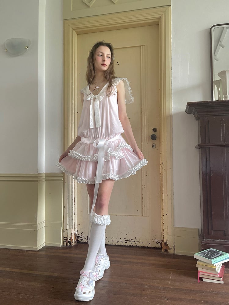 Dress with Bow and Ruffle Trim Waist Pink Tiered Sailor Collar Dropped