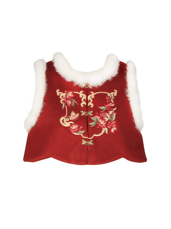 Red Pomegranate Flowers Embroidery Plush Neckline Vest - With PUJI