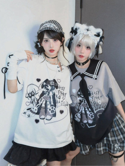 Mädchen Print Farbverlauf Schwarz T-Shirt Y2K Matrosenkragen Punk