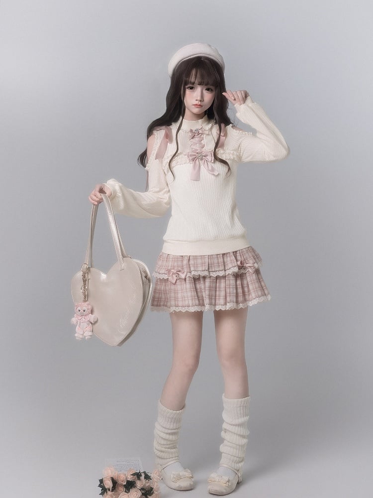 White Top Decor Kei Knit Trim Ribbon Pink With Lace Shoulder Seiso Cutout