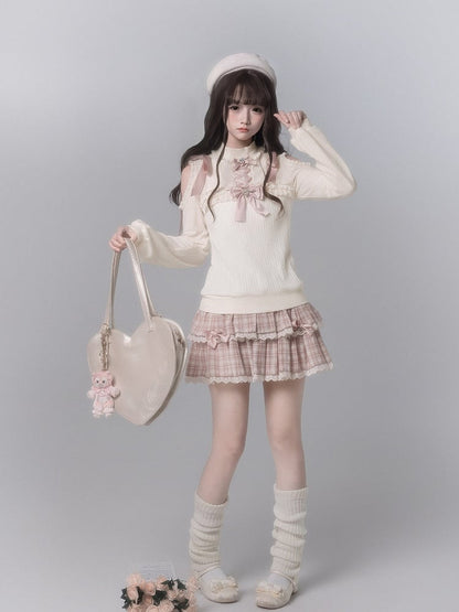 Pink Kei With Skirt Lace Details Plaid Fashion Bow Decor Seiso