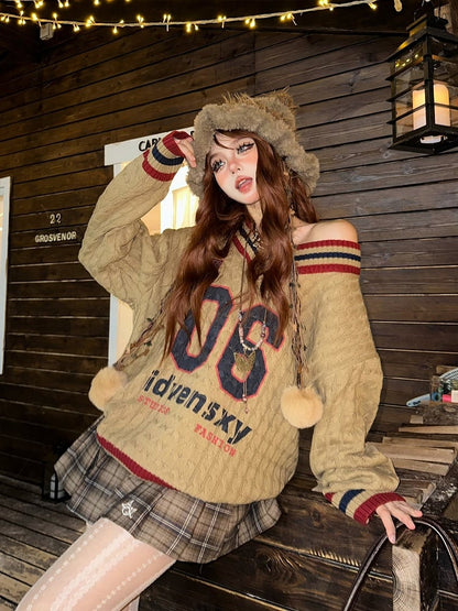 Orange Number Sweater Pattern and V-neck Letter Kawaii