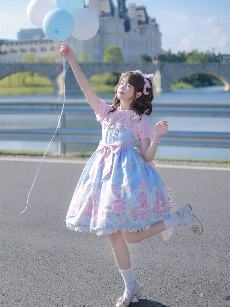 Neckline Design Bow Blue Ears Sweet Lolita Dress JSK Adorable Mouse Print Mouse Big