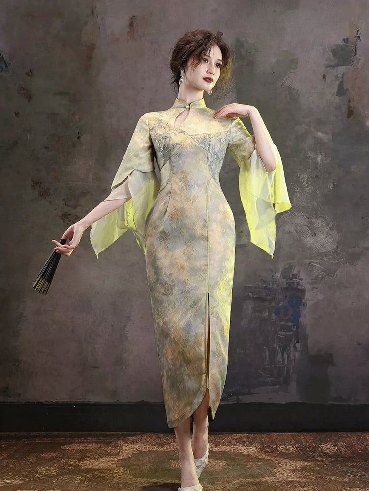 Green Chinese-Style Qipao Dress with Bow Embroidery, Cutout Design & Ruffle Accents - sijinstudio