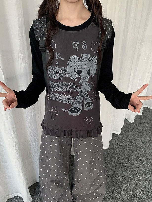 Colorblock Round Neck Long Sleeve Ruffle Hem Top with Cartoon Print - Solkatt