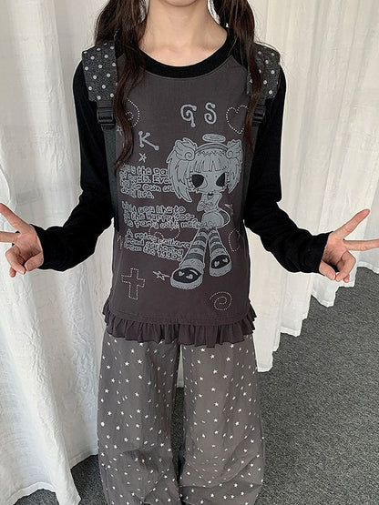 Colorblock Round Neck Long Sleeve Ruffle Hem Top with Cartoon Print - Solkatt