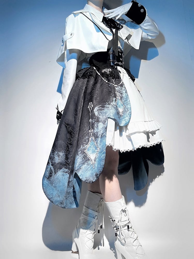 Taillen-Lolita-Militär-Set High-Low + Korsett, kurze weiße ärmellose Ärmel, voller Rock, futuristisches langes Top-Kleid