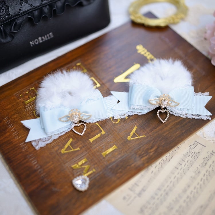 Jirai Kei Fluffy Bow Scrunchie with Angel Heart Rhinestones