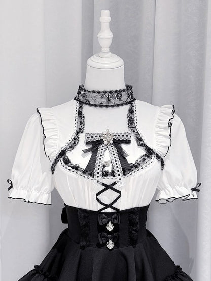Monochrome Ruffle Sleeve Blouse with Lace, Bow and Choker Accents - GingaU