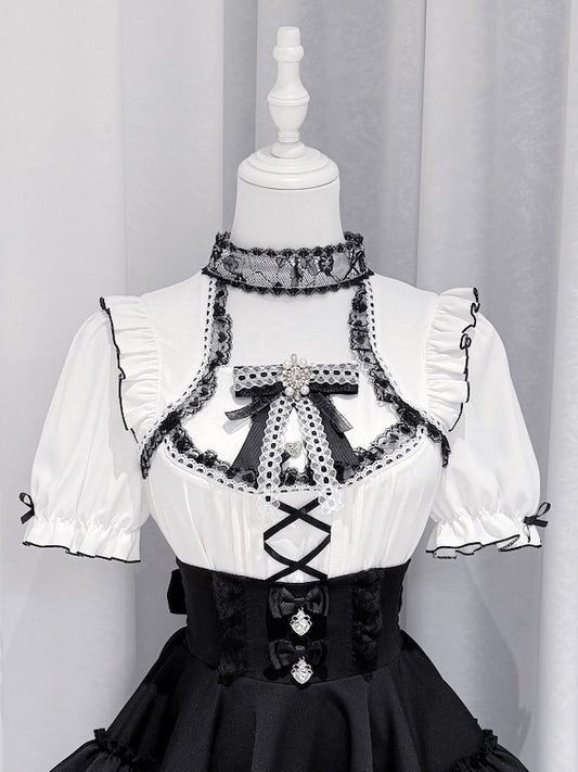 Monochrome Ruffle Sleeve Blouse with Lace, Bow and Choker Accents - GingaU