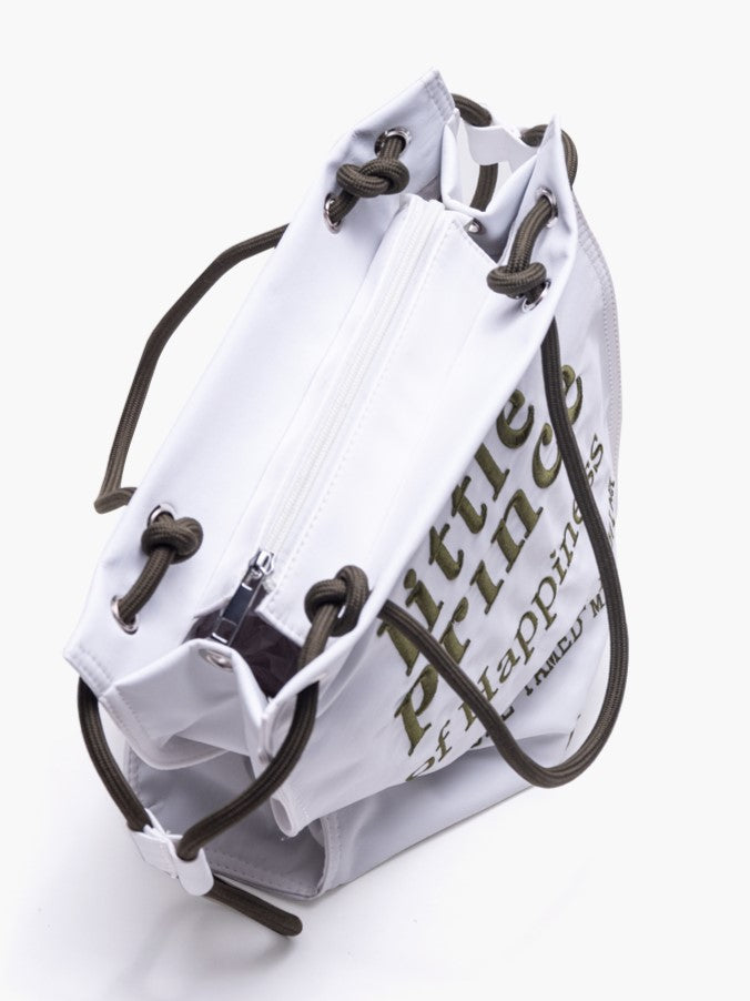 Tote Bag with Zipper Closure And Drawstring Strap Chic White  Green Alphabet Embroidery