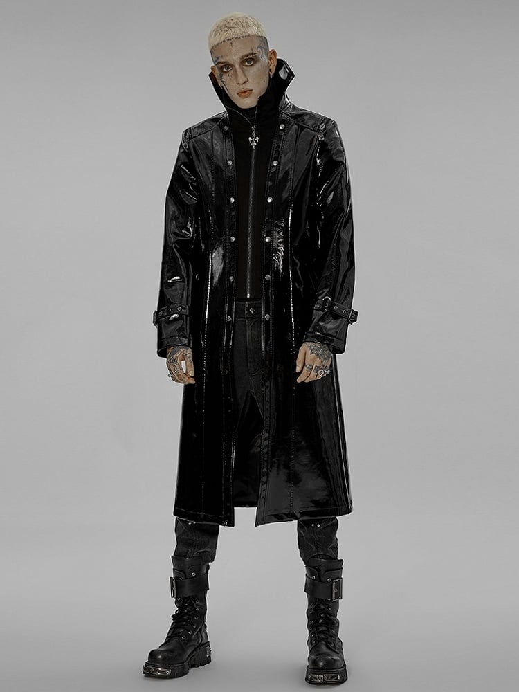 Black Men's Gothic Patent Leather Long Coat