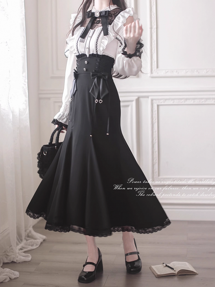 White Neckline Contrast Black Blouse Jirai Shoulder Kei Cutouts Style Lace with