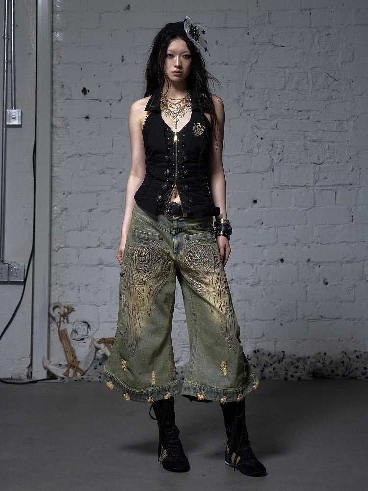 Vintage Wide-leg Jeans Punk Wing Embroidery with Distressed Holes Yellow Angel