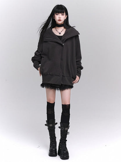 with Gothic Dark Ribbed Front Details Zip-Up Gray Fleece-Lined Jacket Hooded