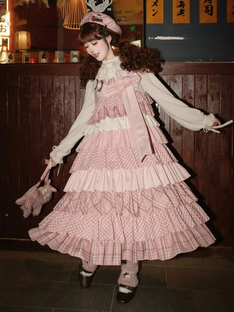 Layered Long Jumper Skirt in Pink Plaid Patchwork with Bowknot Brooch - iris de nuit