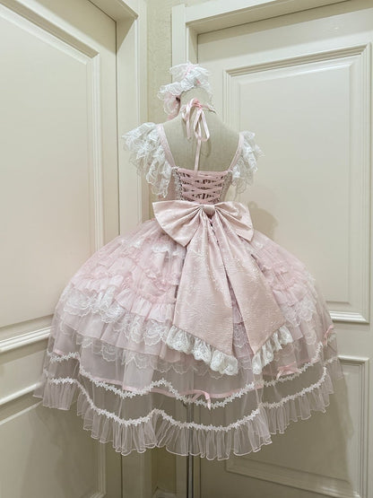 Lolita Multi-Layer Sweet Lace with Pink Details JSK Bows Rhinestone Dress Hanayome-Style