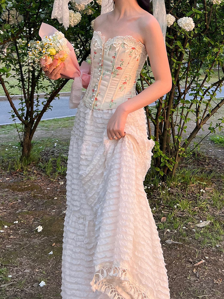 Aprikosenfarbenes Bustier-Korsett-Oberteil aus Baumwolle mit Blumenmuster und Stäbchen