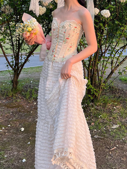 Aprikosenfarbenes Bustier-Korsett-Oberteil aus Baumwolle mit Blumenmuster und Stäbchen